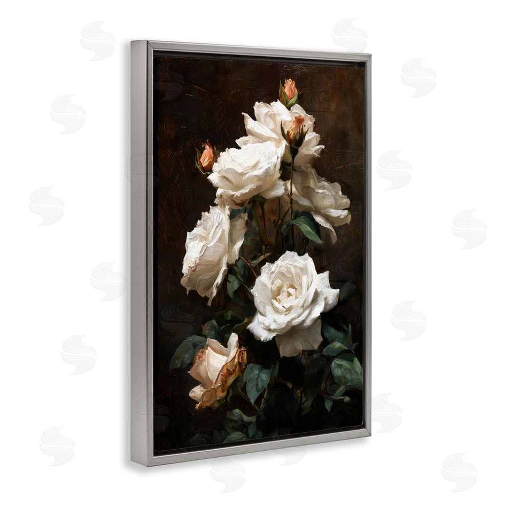 Petal Prints Design Tower of White Roses Gray Floating Framed Canvas Wall Art Print