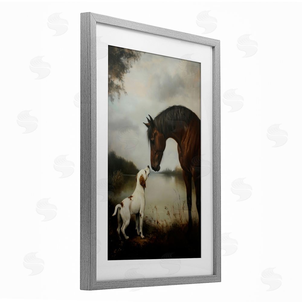 Petal Prints Design Hound & Horse Companions Gray Framed Print Under Glass Wall Art