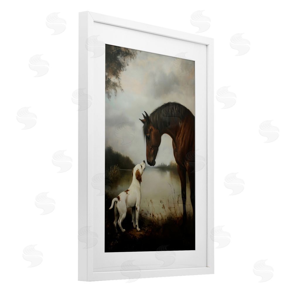 Petal Prints Design Hound & Horse Companions White Framed Print Under Glass Wall Art