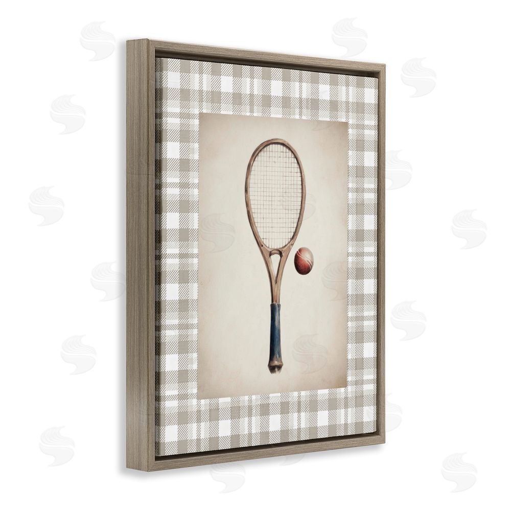 Sisi and Seb Vintage Tennis Racket & Ball Brown Floating Framed Canvas Wall Art Print