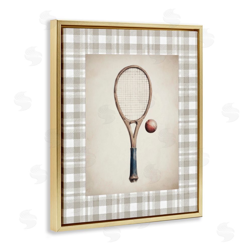 Sisi and Seb Vintage Tennis Racket & Ball Gold Floating Framed Canvas Wall Art Print