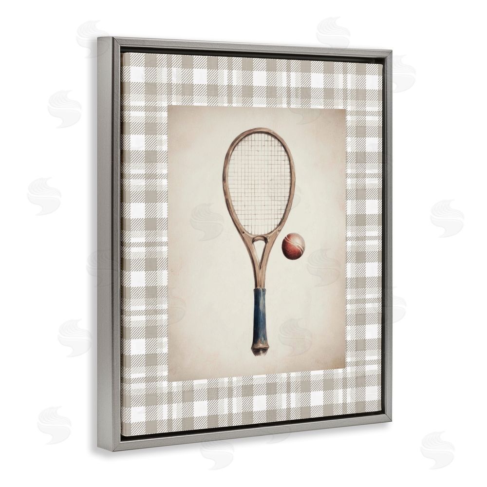 Sisi and Seb Vintage Tennis Racket & Ball Gray Floating Framed Canvas Wall Art Print