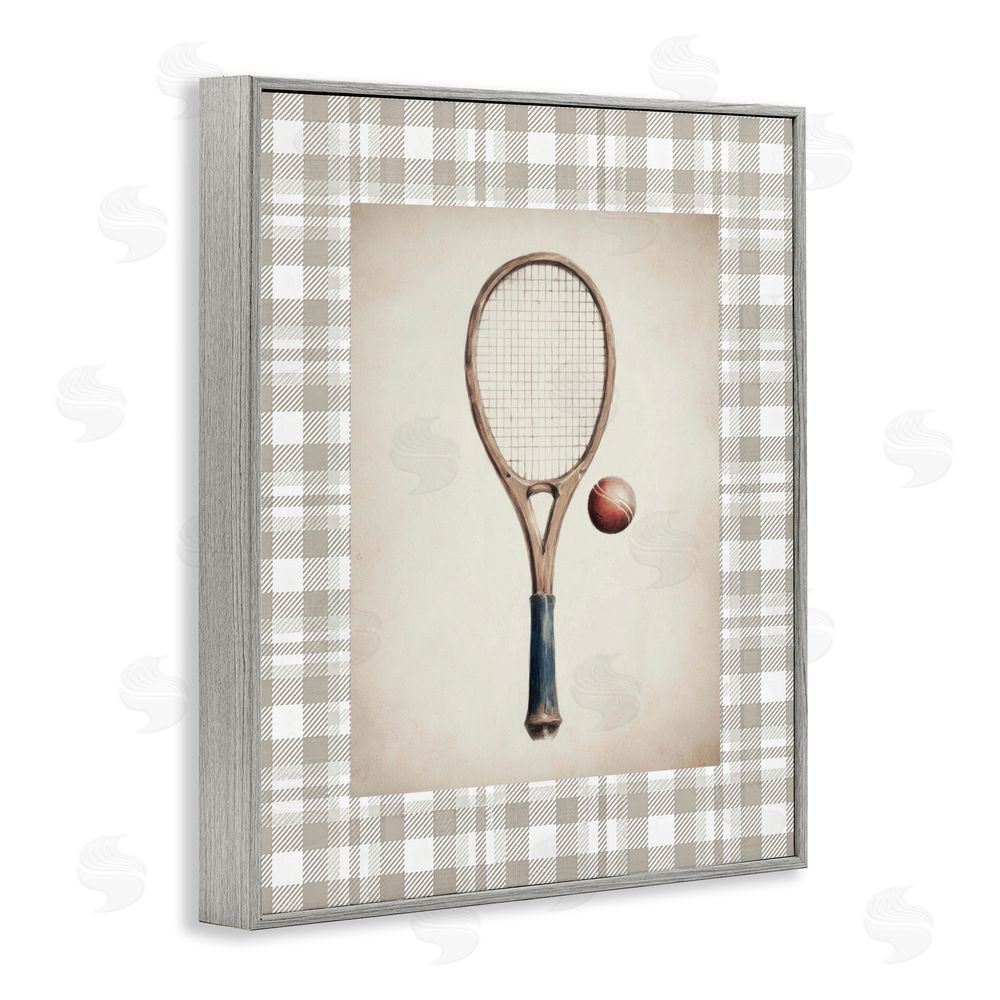 Sisi and Seb Vintage Tennis Racket & Ball Gray Framed Giclee Wall Art Print