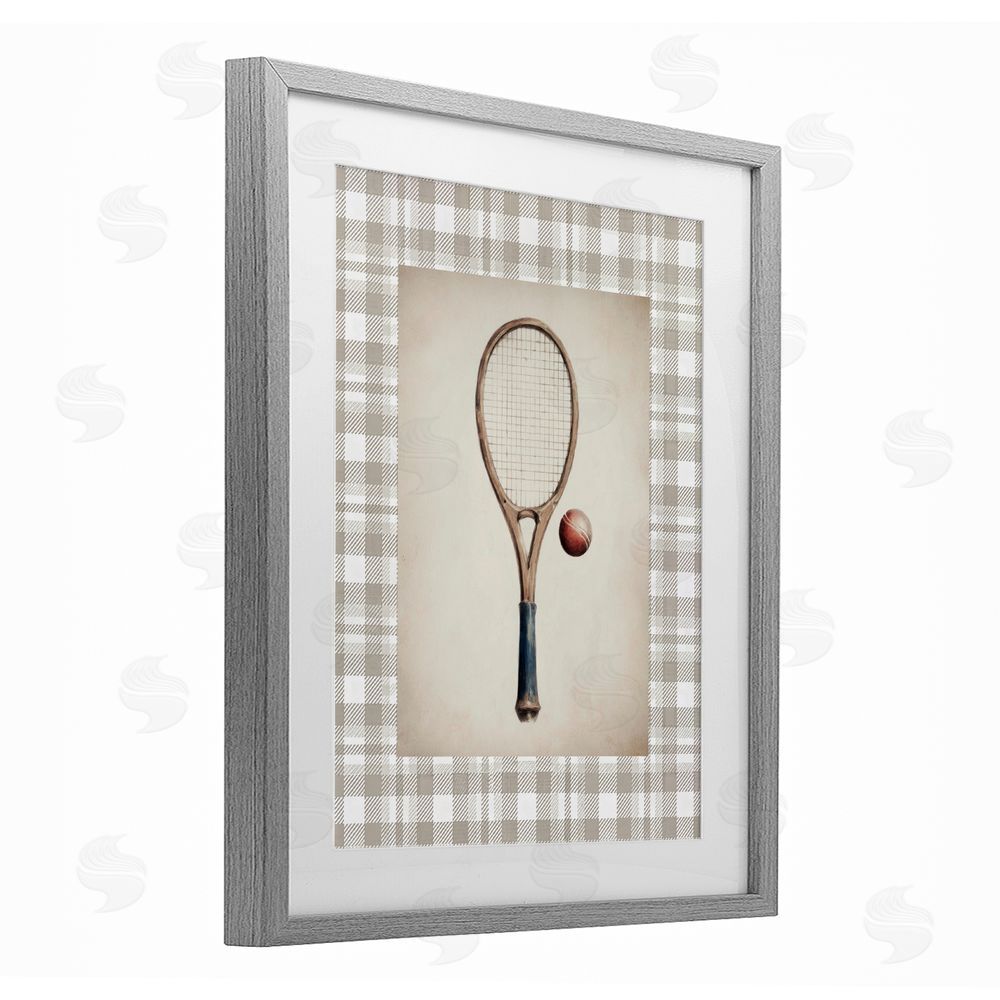 Sisi and Seb Vintage Tennis Racket & Ball Gray Framed Print Under Glass with White Mat Wall Art