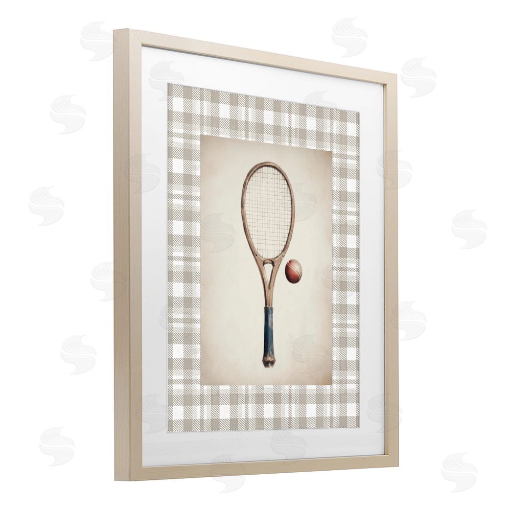 Sisi and Seb Vintage Tennis Racket & Ball Brown Framed Print Under Glass with White Mat Wall Art