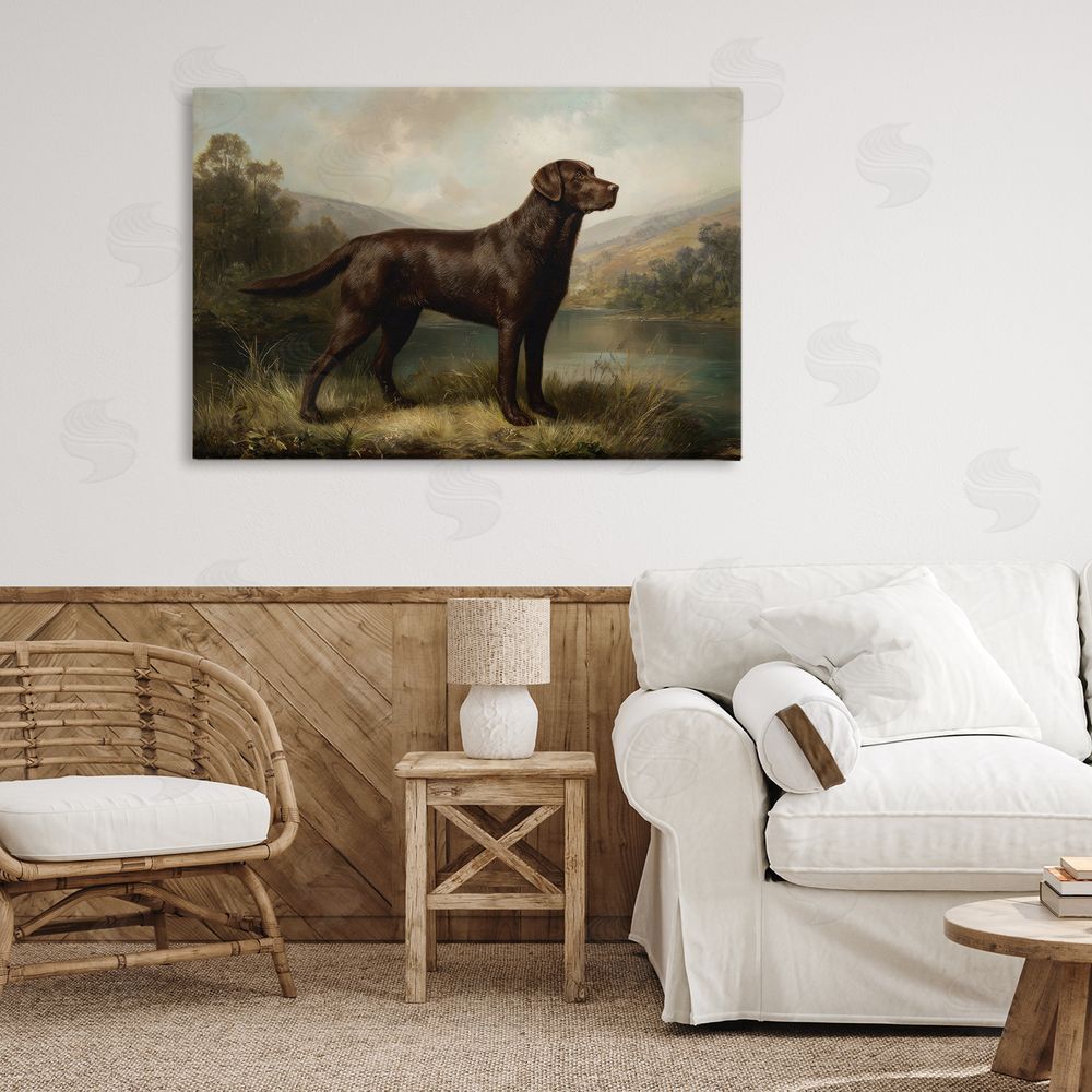Petal Prints Design On Alert Hunting Dog Stretched Canvas Wall Art in Room
