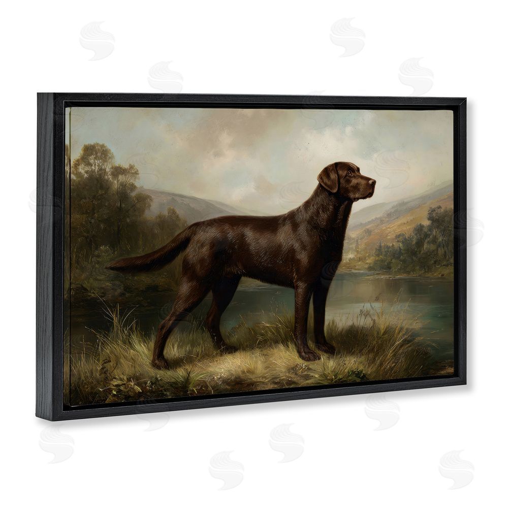Petal Prints Design On Alert Hunting Dog Black Floating Framed Canvas Wall Art