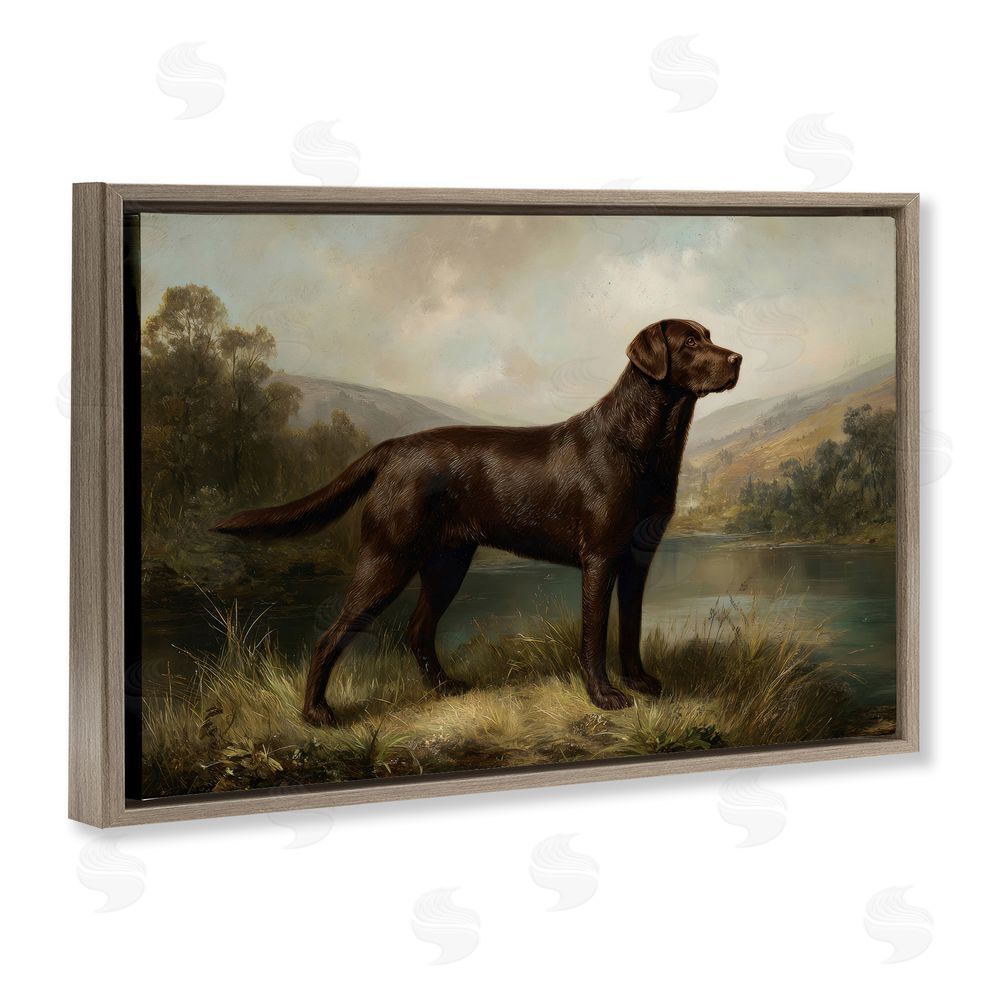 Petal Prints Design On Alert Hunting Dog Brown Floating Framed Canvas Wall Art