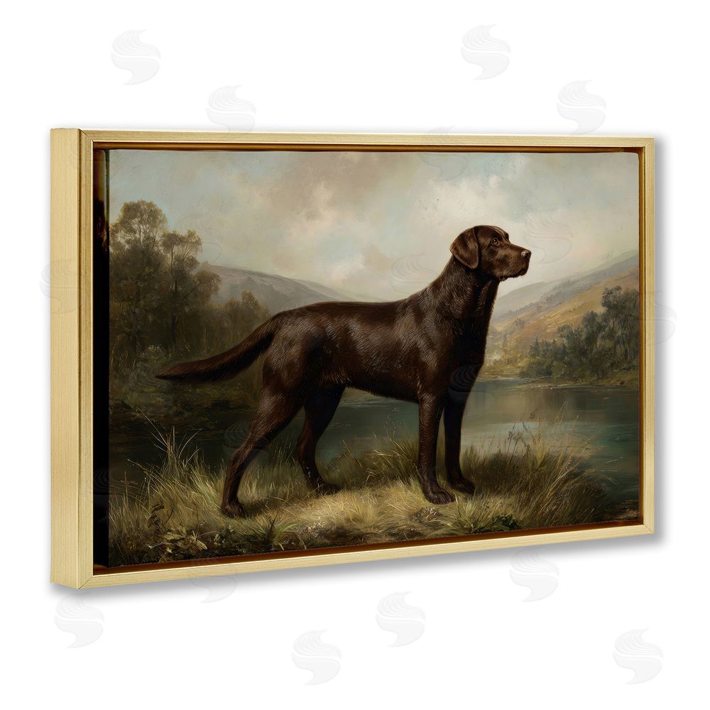 Petal Prints Design On Alert Hunting Dog Gold Floating Framed Canvas Wall Art