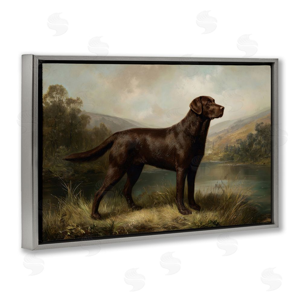 Petal Prints Design On Alert Hunting Dog Gray Floating Framed Canvas Wall Art
