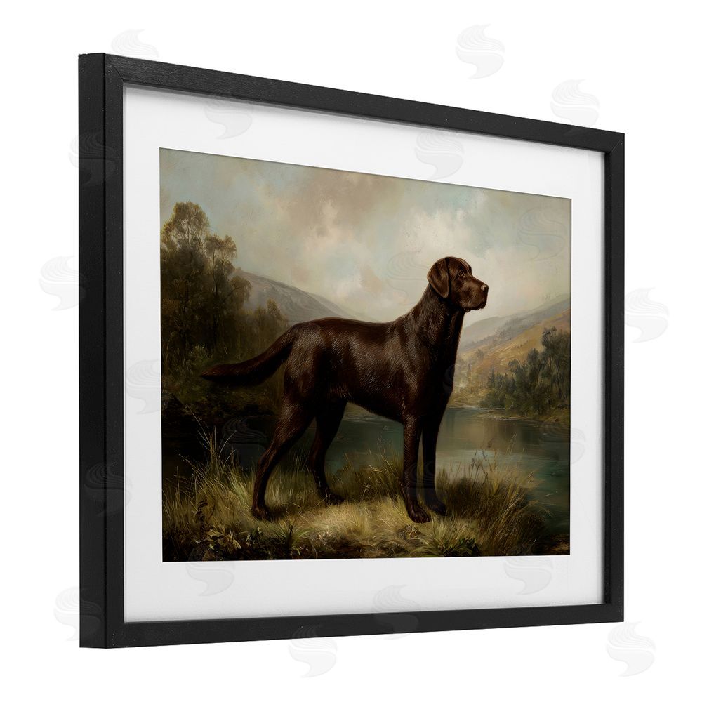 Petal Prints Design On Alert Hunting Dog Black Framed Print Under Glass Wall Art
