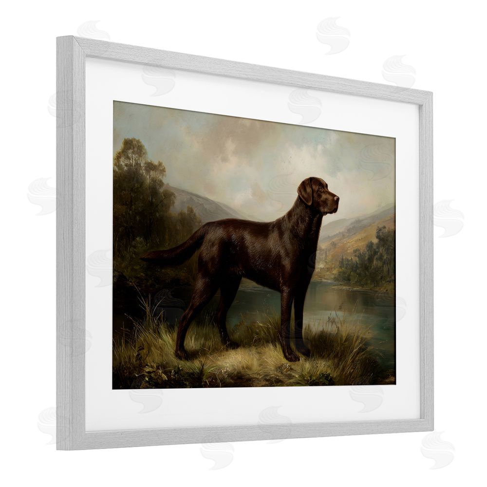 Petal Prints Design On Alert Hunting Dog Gray Framed Print Under Glass Wall Art