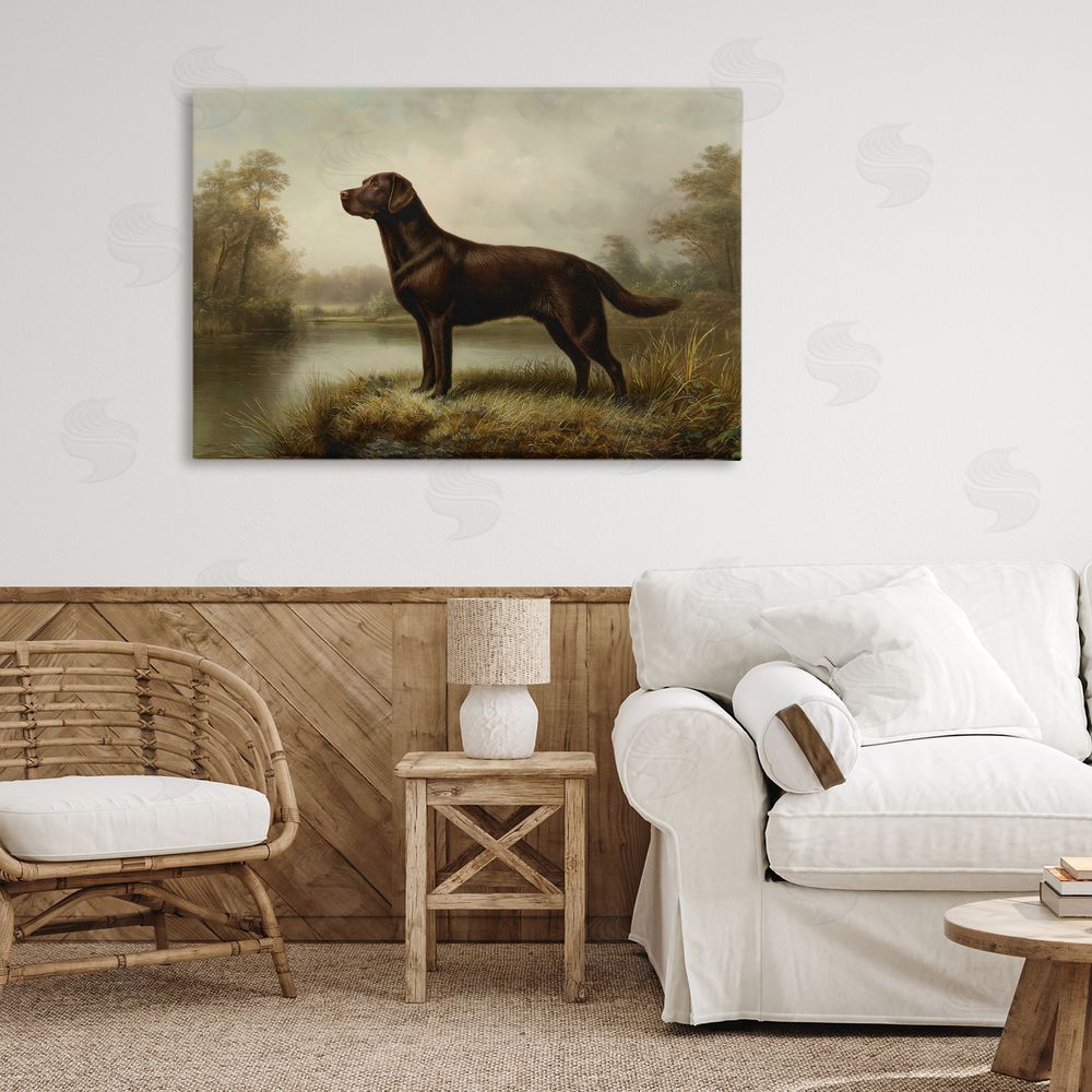 Petal Prints Design On Alert Chocolate Lab Stretched Canvas Wall Art in Room