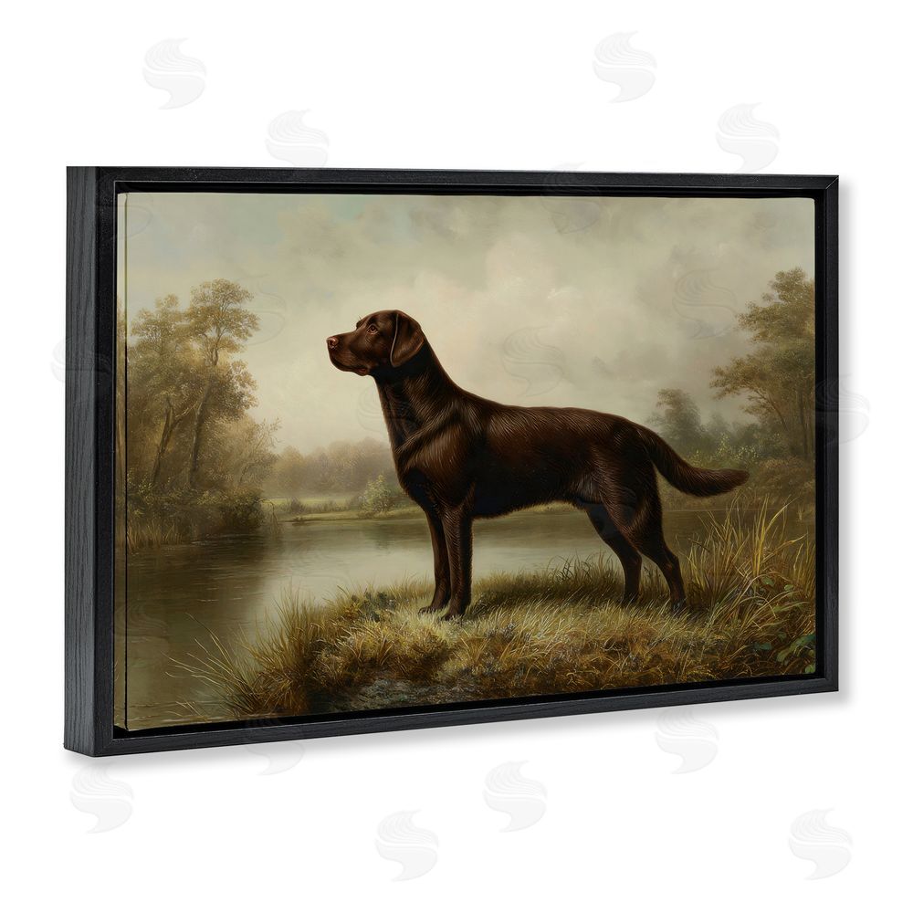 Petal Prints Design On Alert Chocolate Lab Black Floating Framed Canvas Wall Art