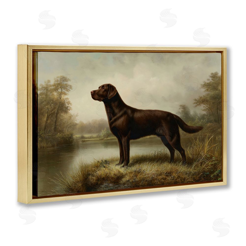 Petal Prints Design On Alert Chocolate Lab Gold Floating Framed Canvas Wall Art