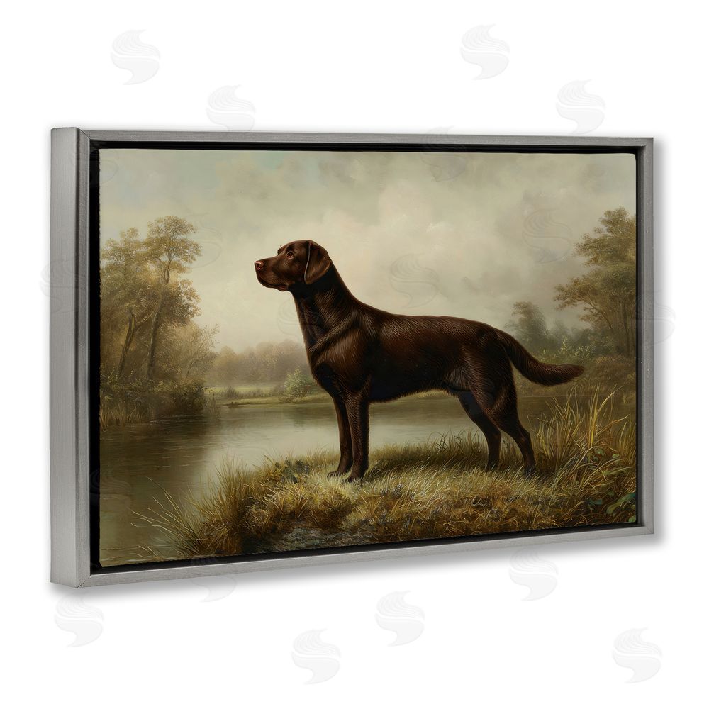 Petal Prints Design On Alert Chocolate Lab Gray Floating Framed Canvas Wall Art