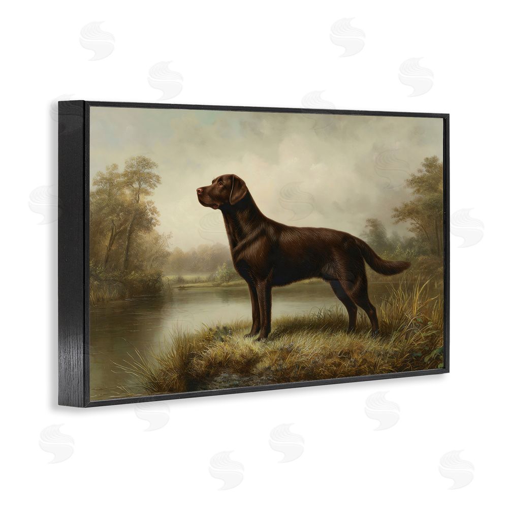 Petal Prints Design On Alert Chocolate Lab Black Framed Giclee Wall Art