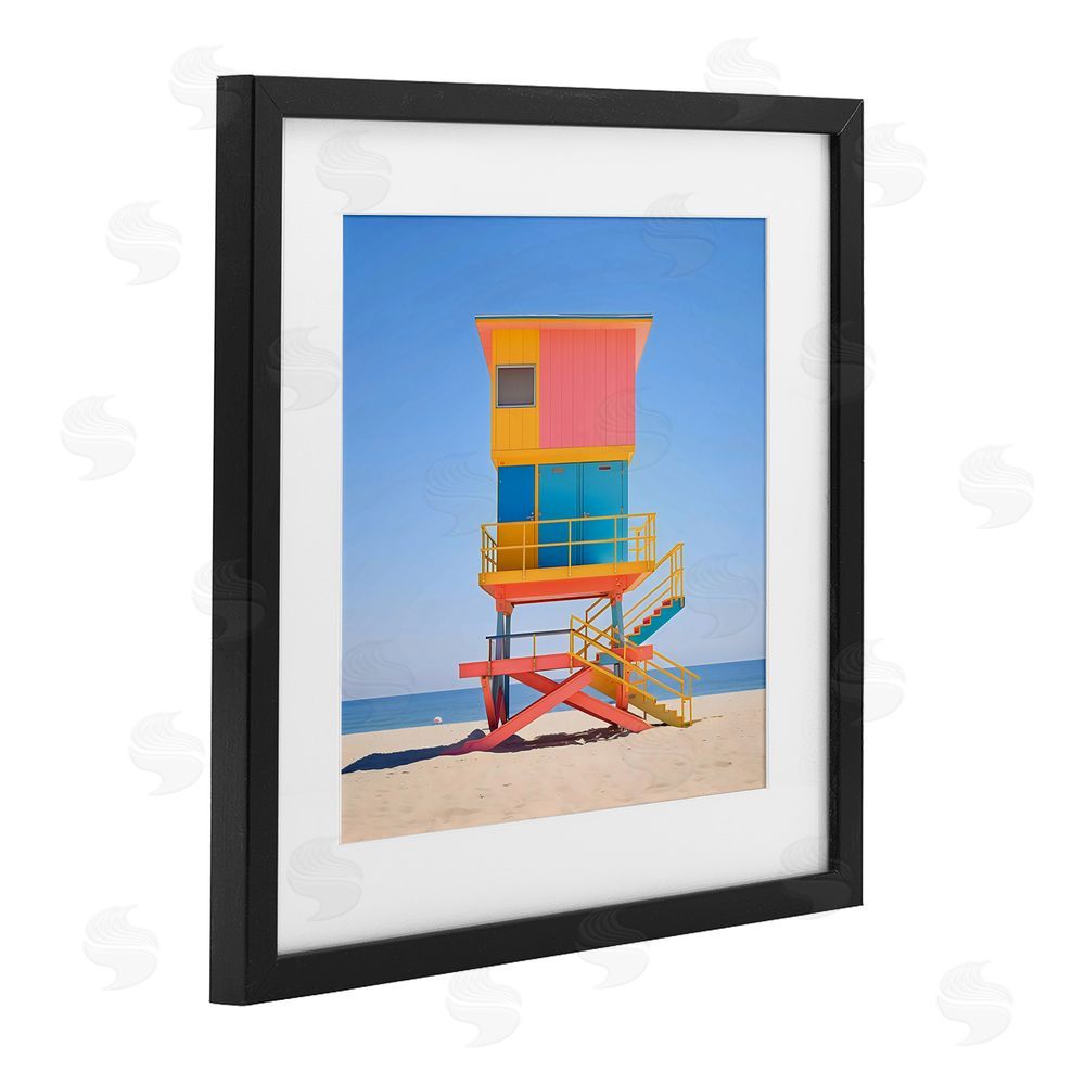 Creative Studio Deco Lifeguard Tower on Beach Black Framed Print Under Glass Wall Art