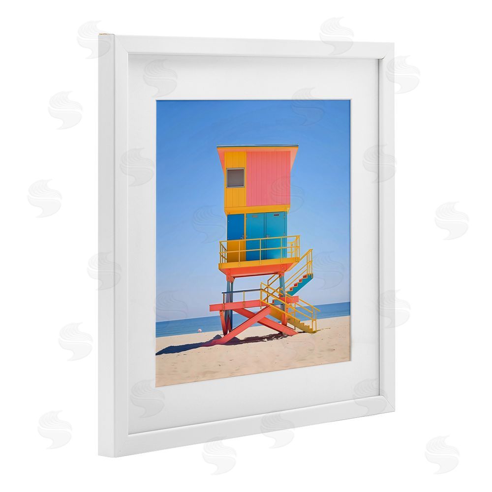 Creative Studio Deco Lifeguard Tower on Beach White Framed Print Under Glass Wall Art
