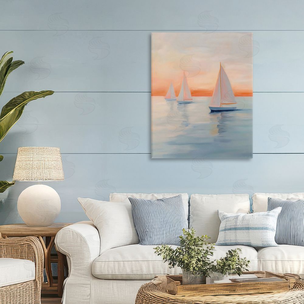 Creative Studio Sunset Sailboats Over Calm Sea Stretched Canvas on Wall