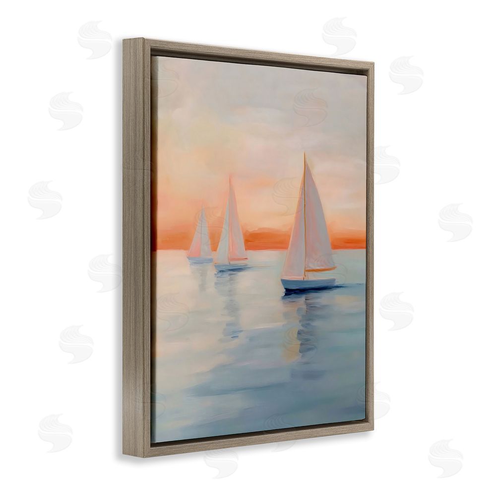 Creative Studio Sunset Sailboats Over Calm Sea Brown Floating Framed Canvas Wall Art Print