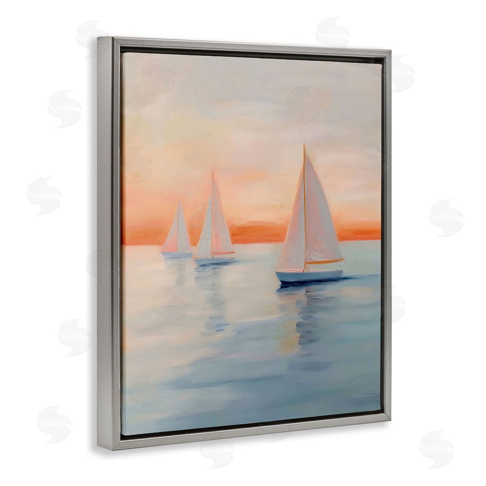 Creative Studio Sunset Sailboats Over Calm Sea Gray Floating Framed Canvas Wall Art Print