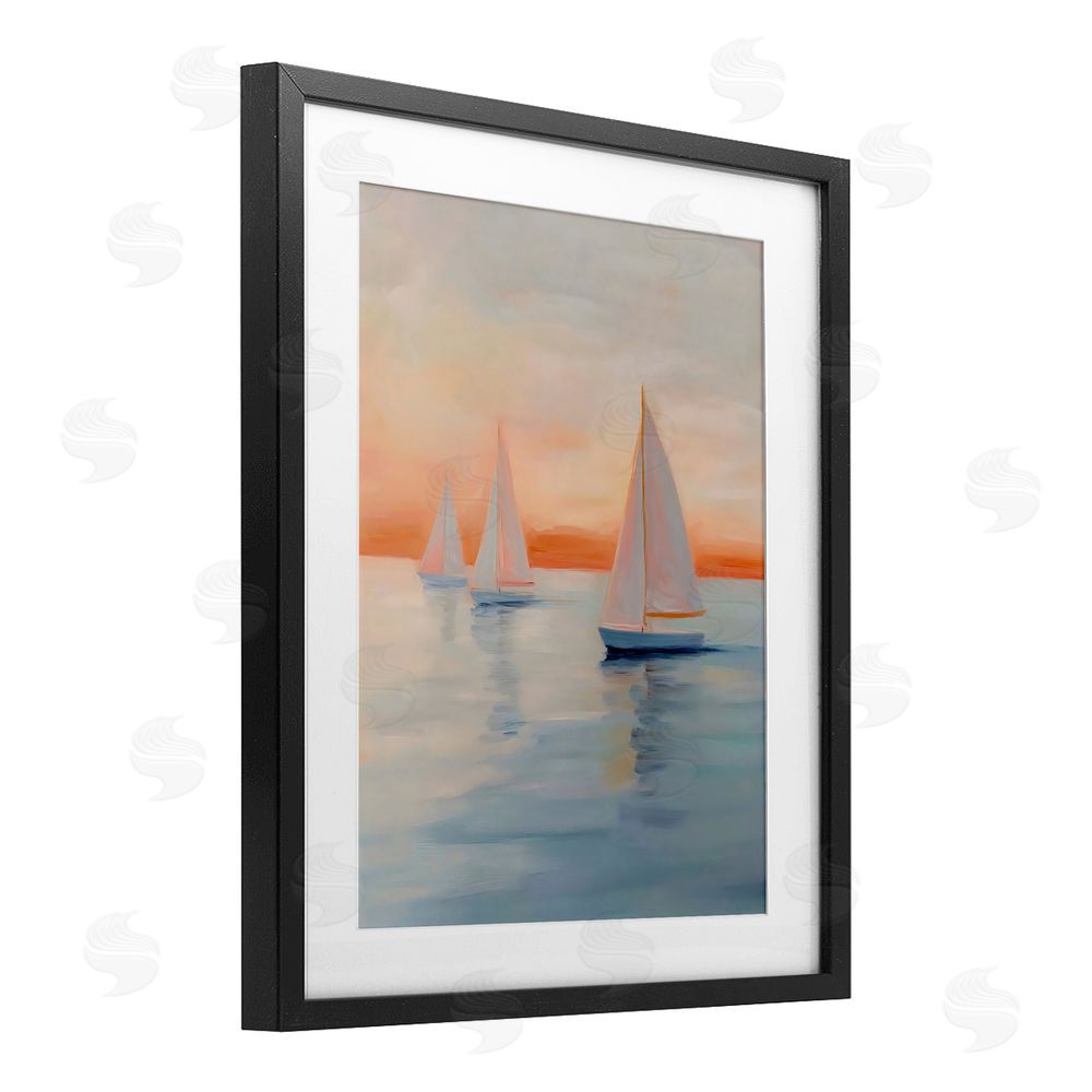 Creative Studio Sunset Sailboats Over Calm Sea Black Framed Print Under Glass with White Mat Wall Art