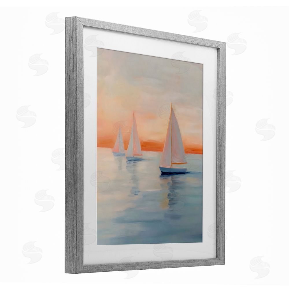 Creative Studio Sunset Sailboats Over Calm Sea Gray Framed Print Under Glass with White Mat Wall Art