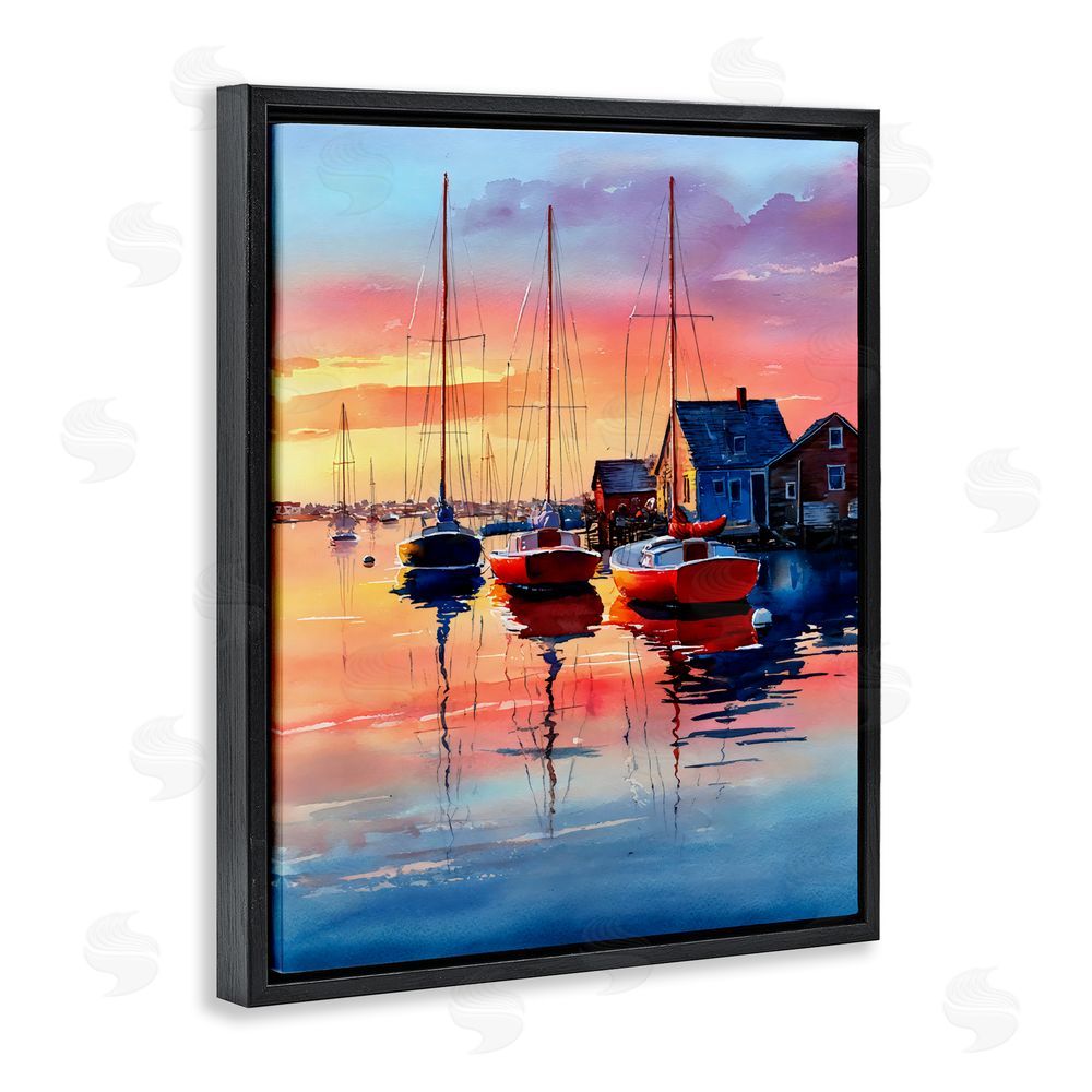 Franklyn Gregory Vivid Sunset at Docks Black Floating Framed Canvas Wall Art Print