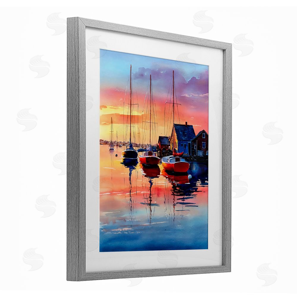 Franklyn Gregory Vivid Sunset at Docks Gray Framed Print Under Glass with White Mat Wall Art
