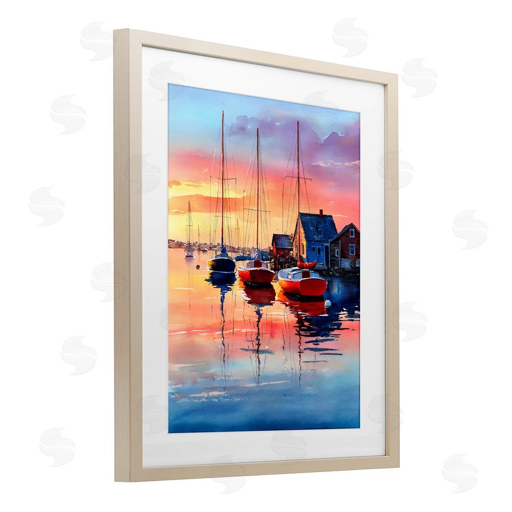 Franklyn Gregory Vivid Sunset at Docks Brown Framed Print Under Glass with White Mat Wall Art