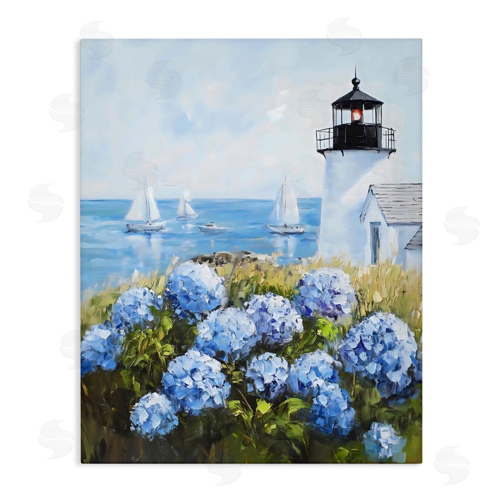 Arlington Prints Lighthouse Surrounded by Hydrangeas Stretched Canvas Wall Art