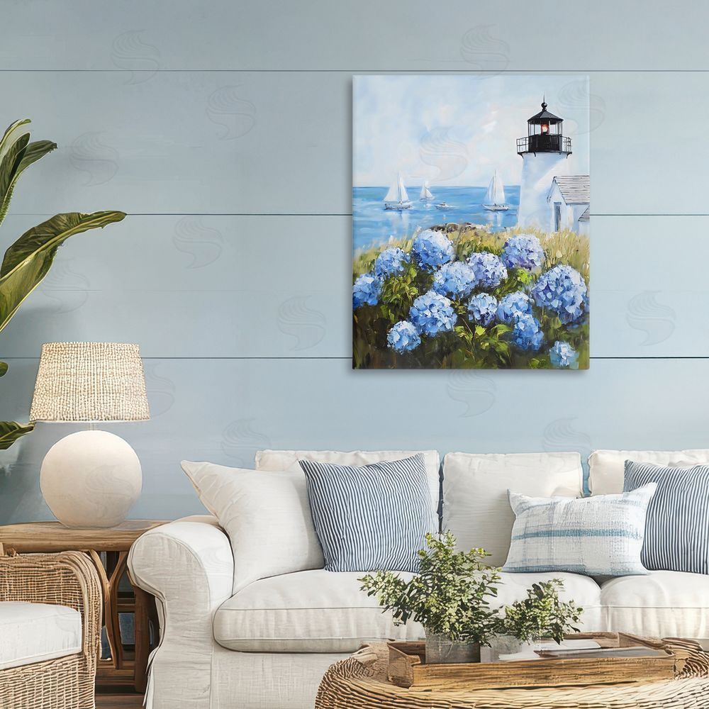 Arlington Prints Lighthouse Surrounded by Hydrangeas Stretched Canvas Wall Art in Room