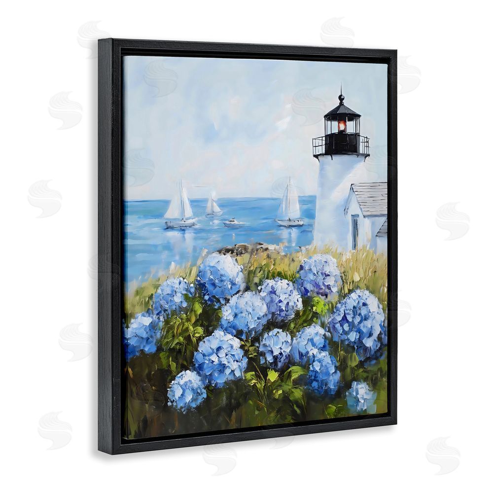 Arlington Prints Lighthouse Surrounded by Hydrangeas Black Floating Framed Canvas Wall Art