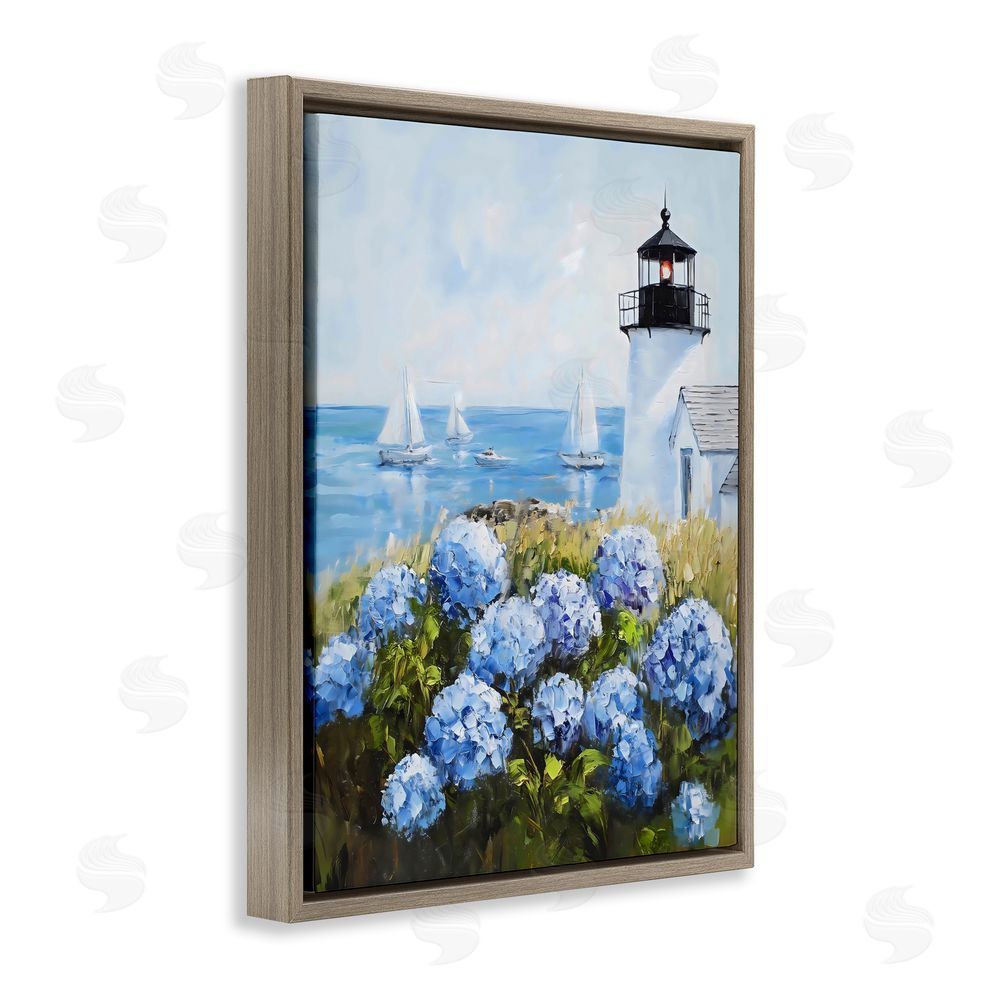 Arlington Prints Lighthouse Surrounded by Hydrangeas Brown Floating Framed Canvas Wall Art