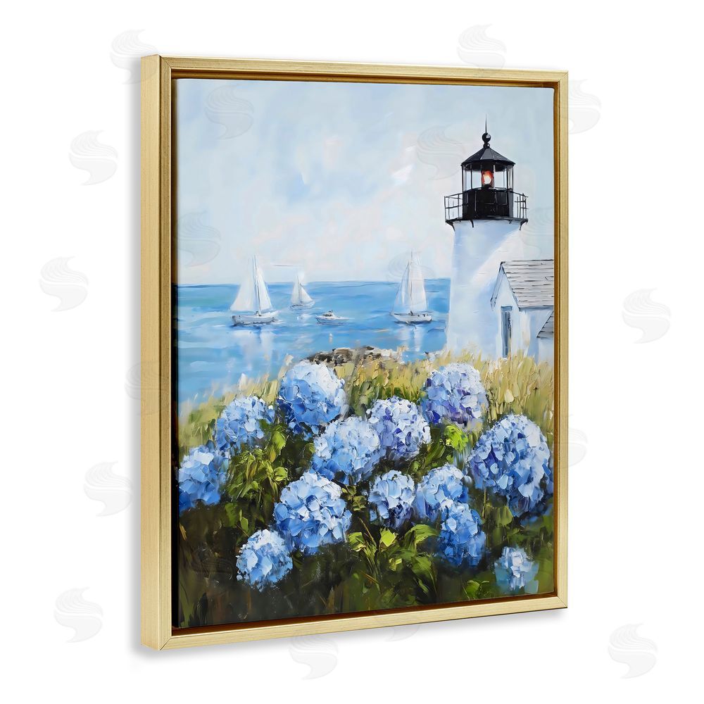 Arlington Prints Lighthouse Surrounded by Hydrangeas Gold Floating Framed Canvas Wall Art