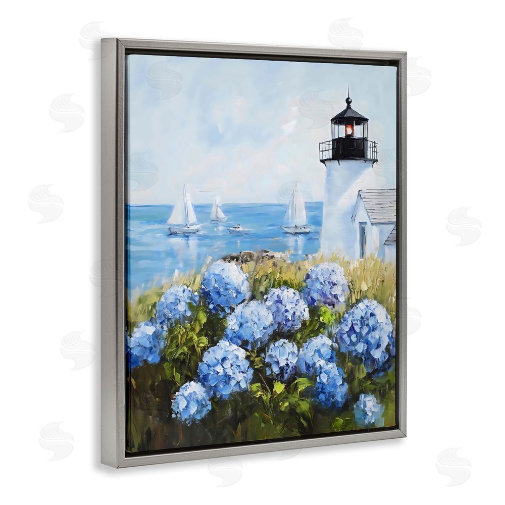 Arlington Prints Lighthouse Surrounded by Hydrangeas Gray Floating Framed Canvas Wall Art