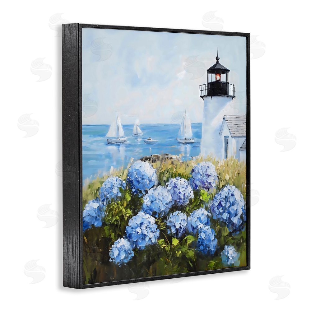 Arlington Prints Lighthouse Surrounded by Hydrangeas Black Framed Giclee Wall Art
