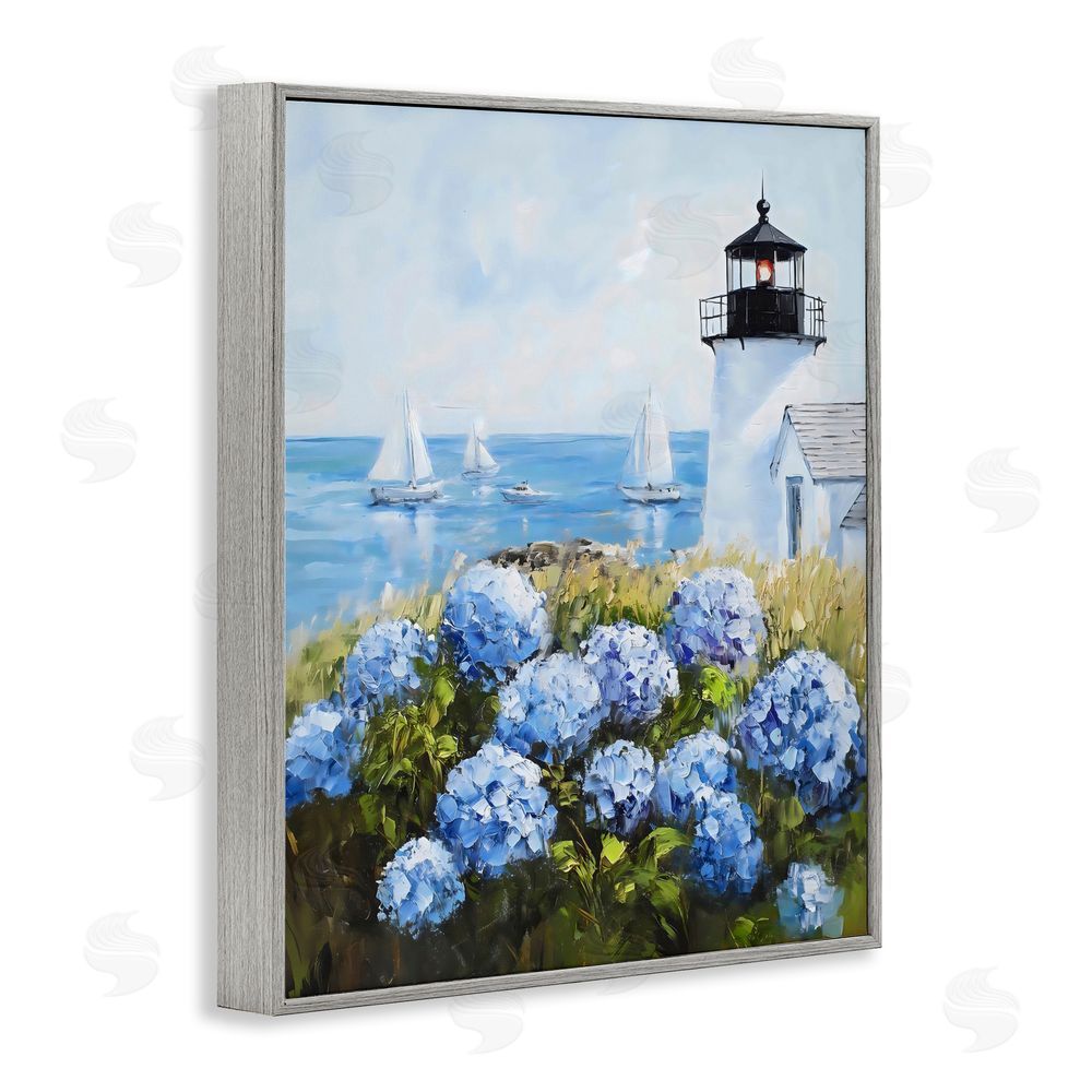 Arlington Prints Lighthouse Surrounded by Hydrangeas Gray Framed Giclee Wall Art