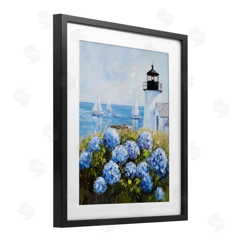 Arlington Prints Lighthouse Surrounded by Hydrangeas Black Framed Print Under Glass Wall Art