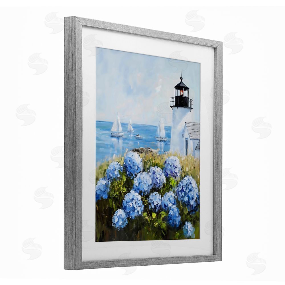 Arlington Prints Lighthouse Surrounded by Hydrangeas Gray Framed Print Under Glass Wall Art