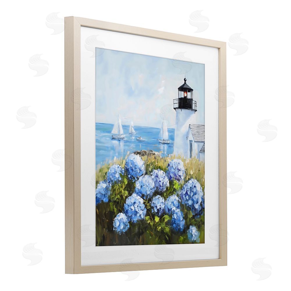 Arlington Prints Lighthouse Surrounded by Hydrangeas Brown Framed Print Under Glass Wall Art