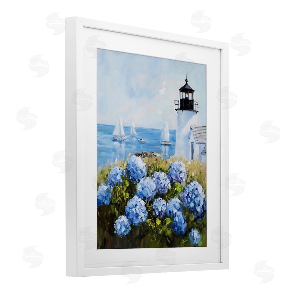 Arlington Prints Lighthouse Surrounded by Hydrangeas White Framed Print Under Glass Wall Art