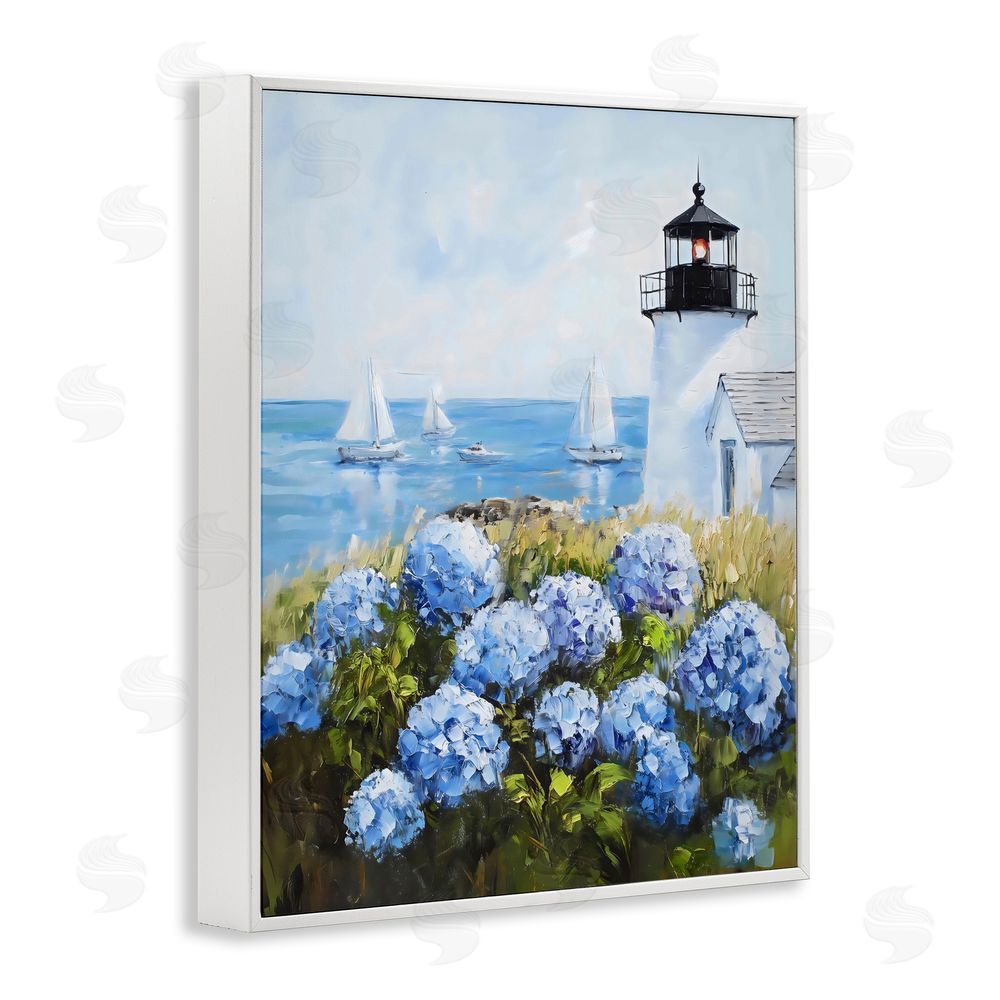 Arlington Prints Lighthouse Surrounded by Hydrangeas White Framed Giclee Wall Art
