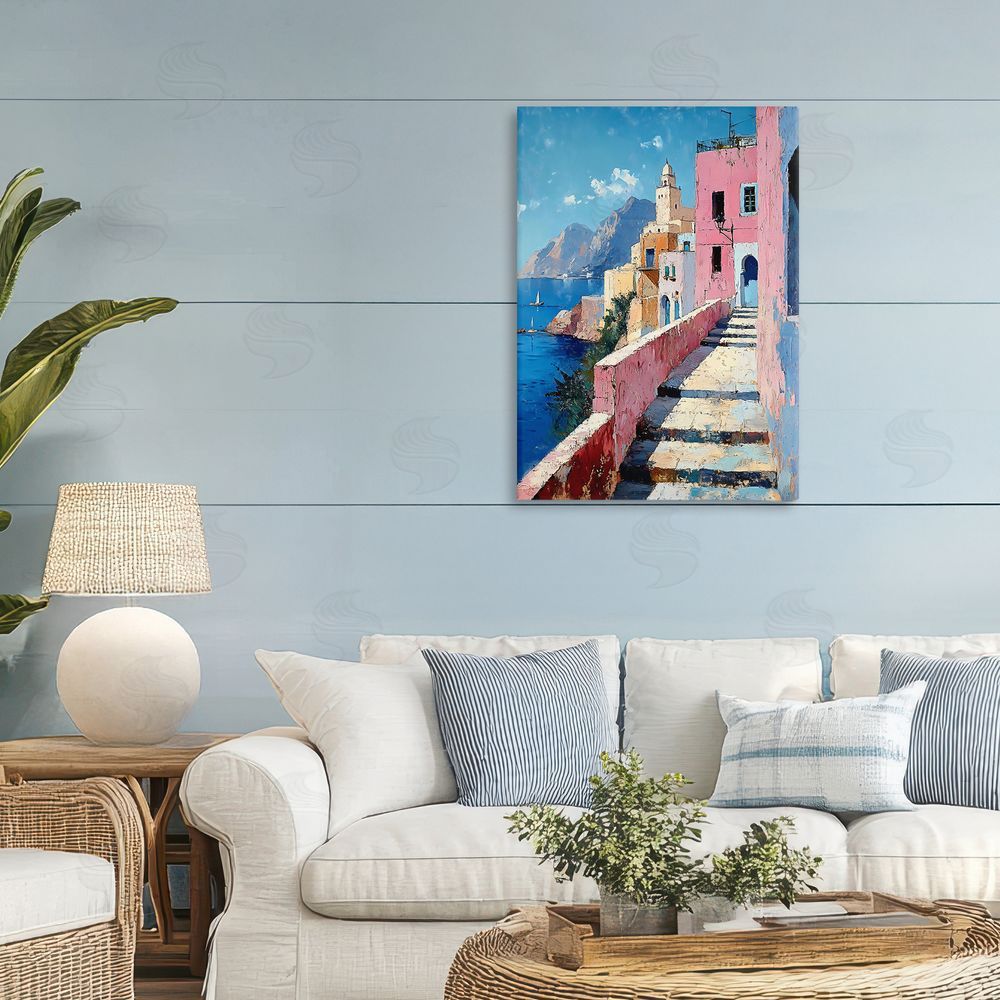 Creative Studio Coastal Village's Sunlit Pathway Stretched Canvas Wall Art in Room