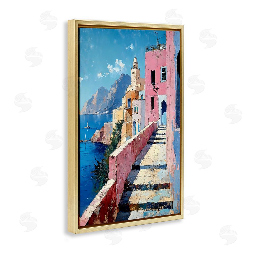 Creative Studio Coastal Village's Sunlit Pathway Gold Floating Frame Canvas Wall Art Print