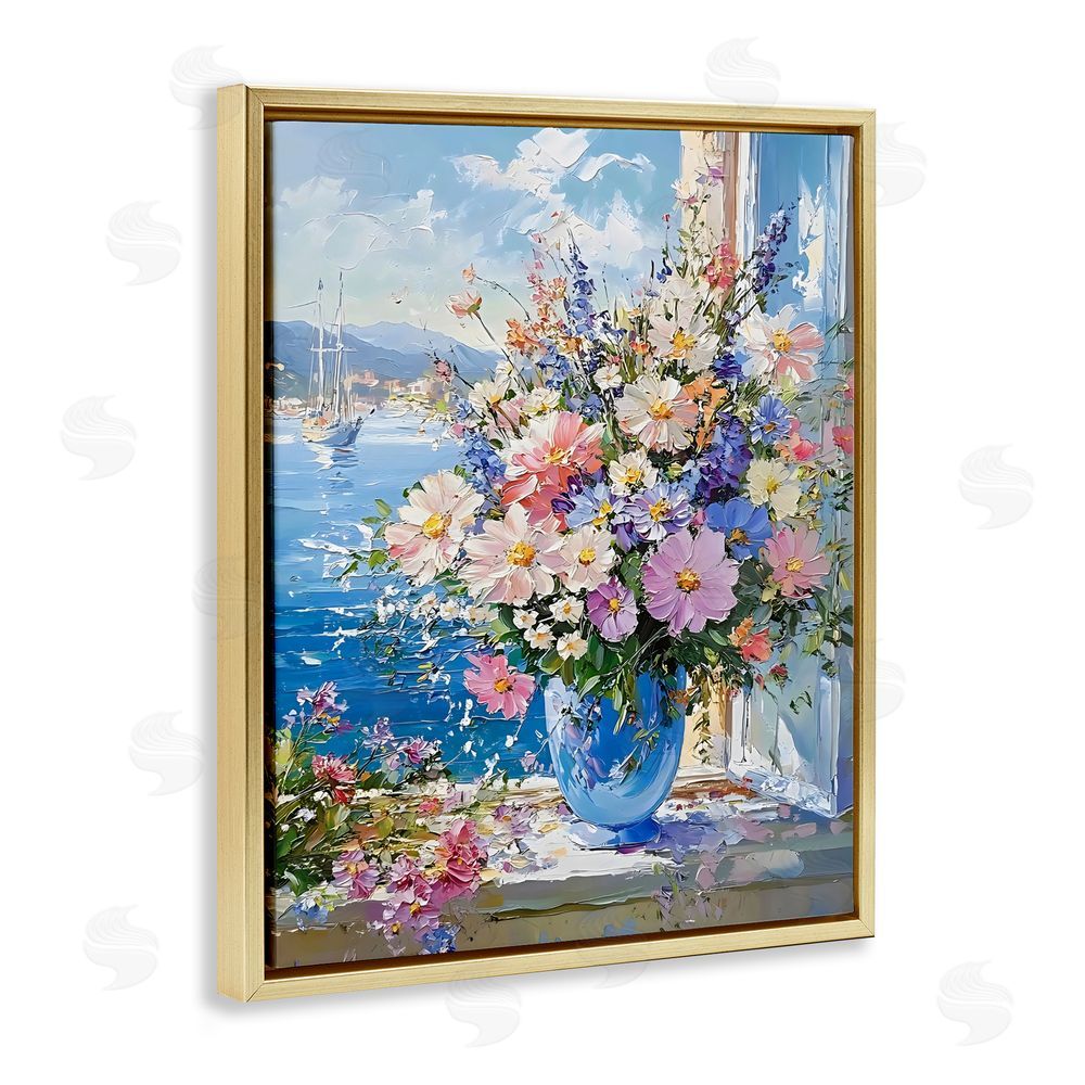 Creative Studio Beautiful Bouquet on Ledge Gold Floating Frame Stretched Canvas Wall Art Print