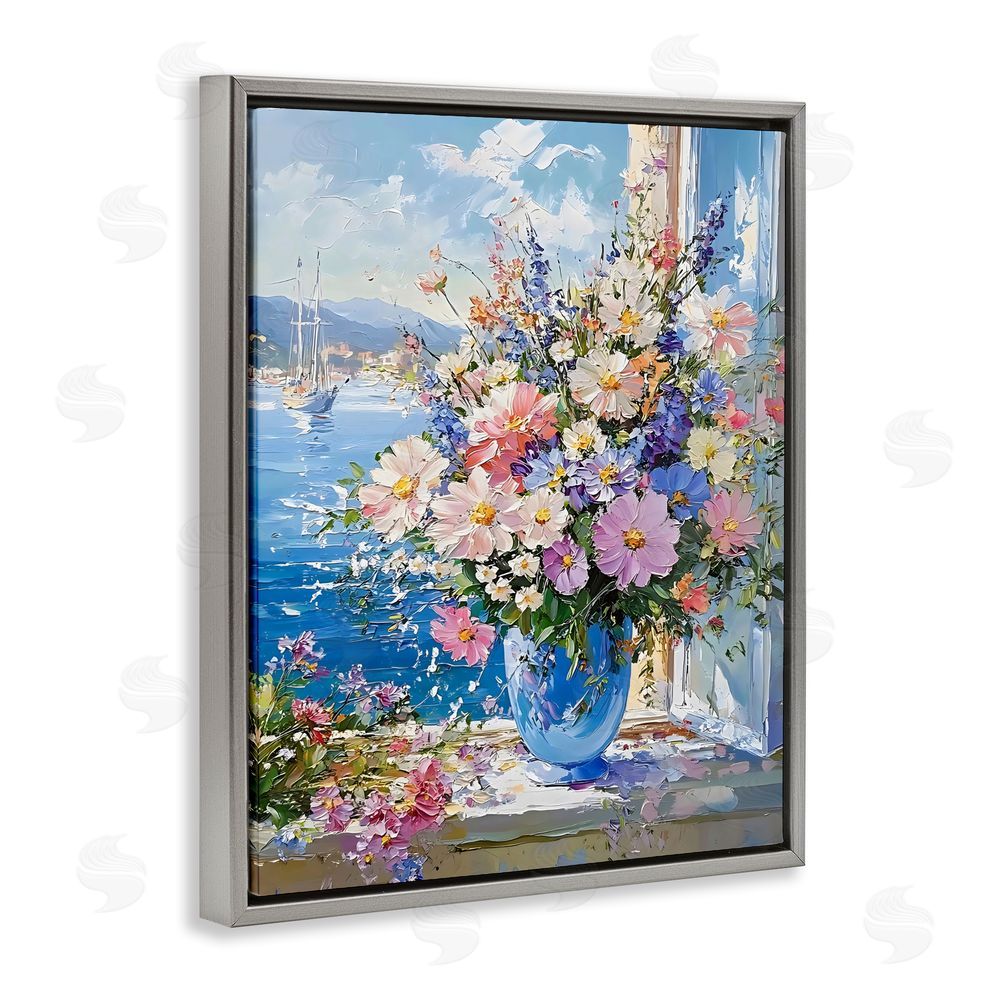 Creative Studio Beautiful Bouquet on Ledge Gray Floating Frame Stretched Canvas Wall Art Print