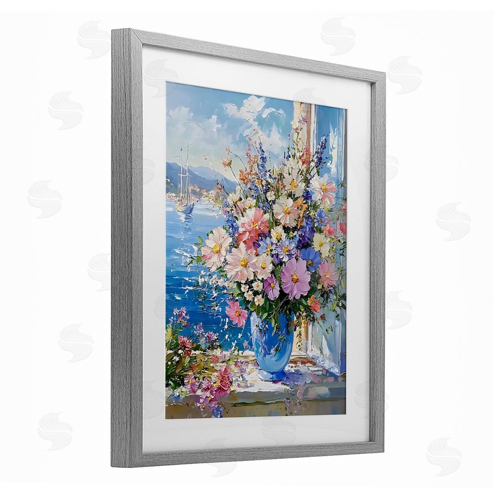 Creative Studio Beautiful Bouquet on Ledge Gray Framed Print Under Glass with Matting Wall Art
