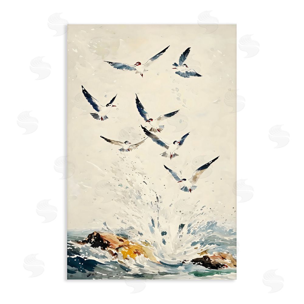 Creative Studio Waves of Seagulls over Rocks Stretched Canvas Wall Art Print